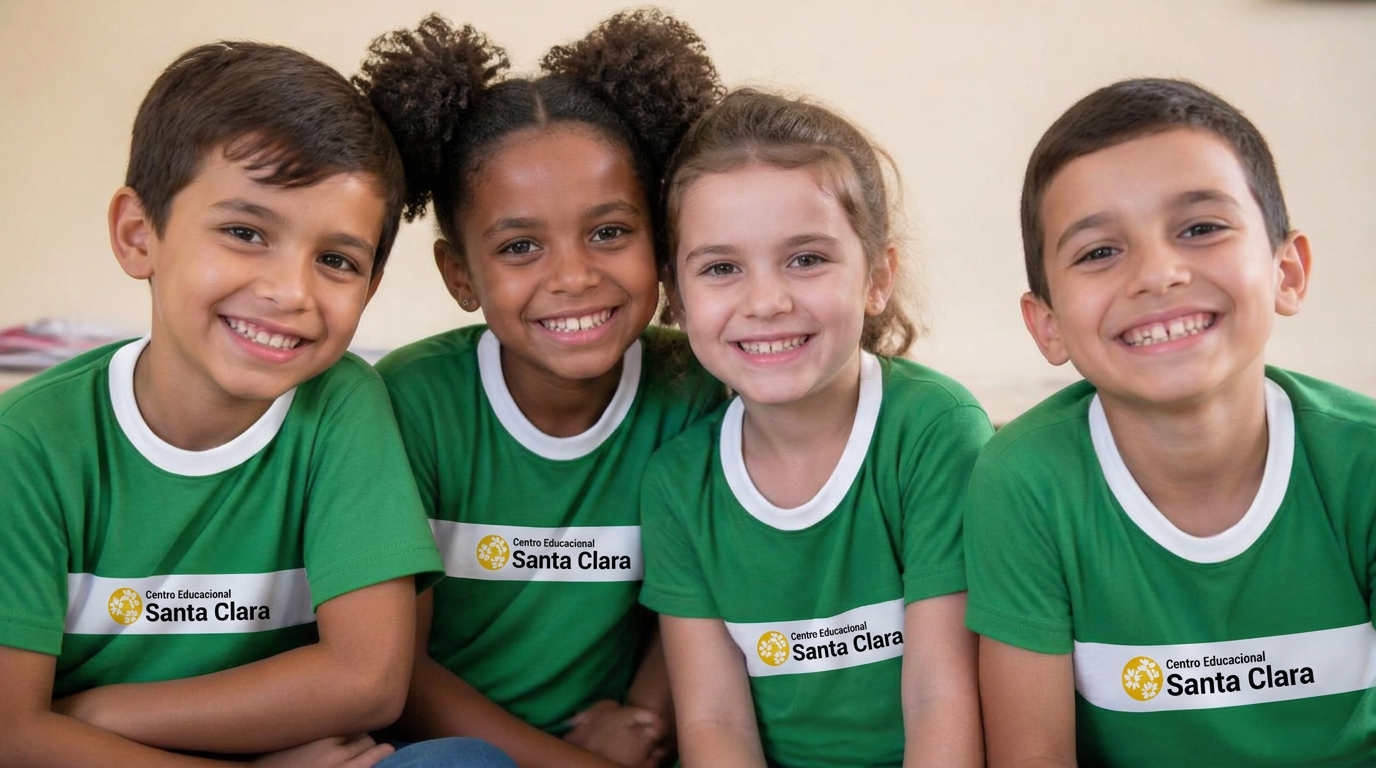 Crianças sorrindo com a camiseta verde do Centro Educacional Santa Clara